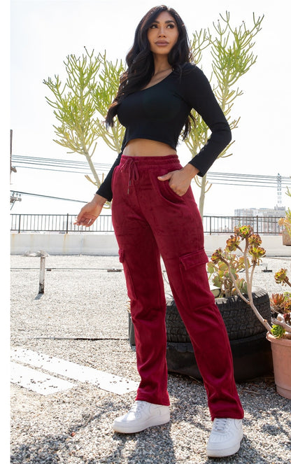 Burgundy Drawstring Velour Pants