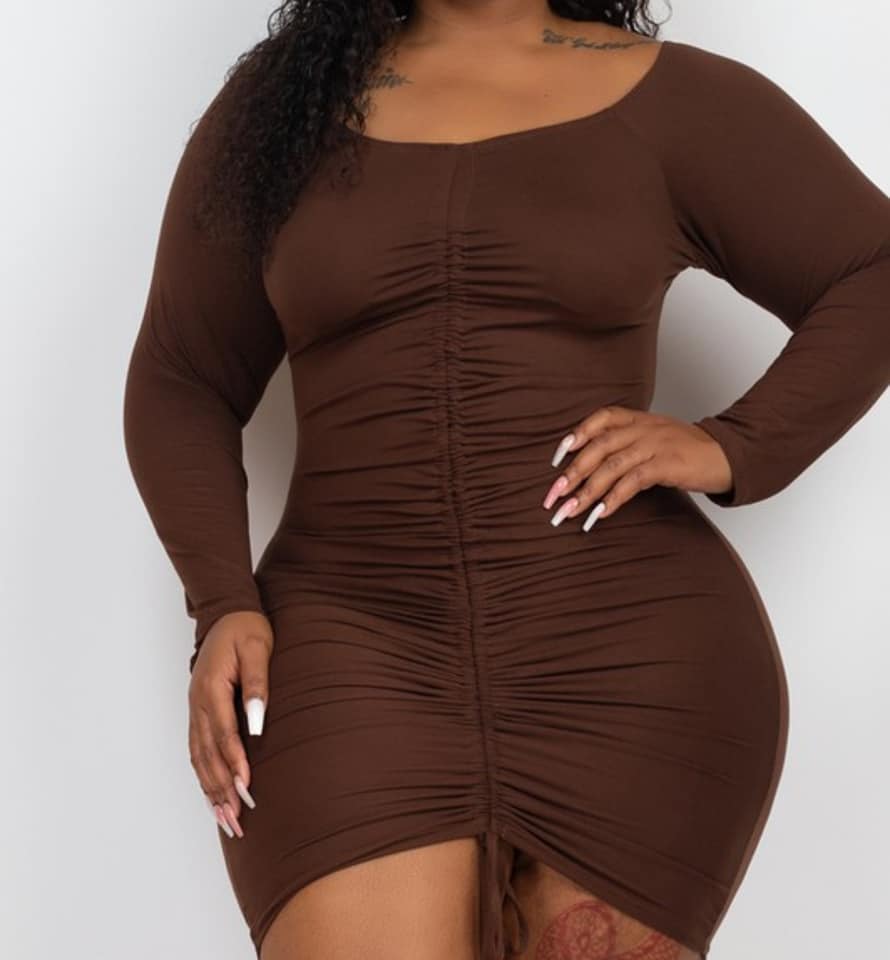 Plus Off Shoulder Ruched Drawstring Bodycon Dress